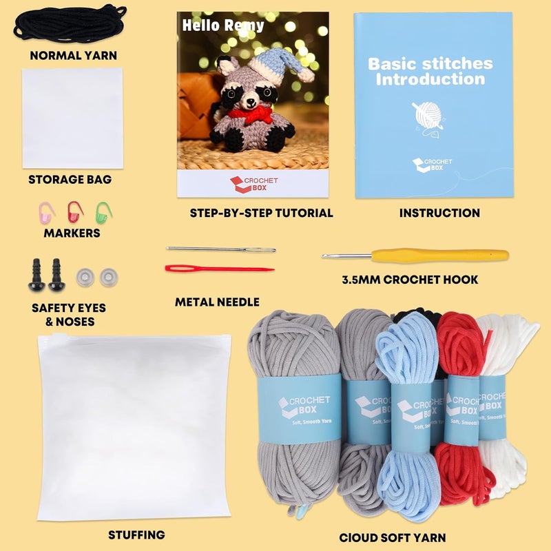 CrochetBox Crochet Kit for Beginners Adults - Raccoon Starters Crochet Kit, Beginners Crocheting Kitting for Adults Teen, Craft Gifts with Crochets Yarns, Hook, Step-by-Step Video, Instruction - Image 3